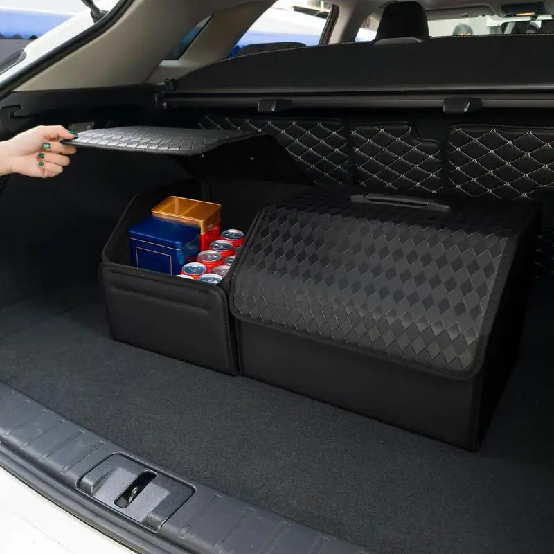 SUV Car Trunk Organizer SUV Trunk Leather Storage Box Embossed Design Large Capacity Car Storage Box For Tissue Boxes Water Cups