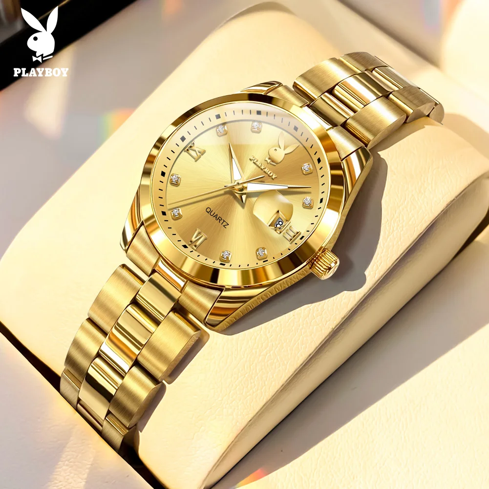 PLAYBOY Original Elegant Fashion Luxury Women Watch New Waterproof Calendar Luminous Stainless Steel Quartz Women's Wristwatch