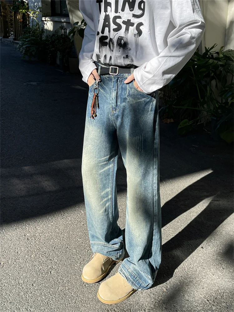 

Retro American Vibe Men's Jeans Casual High Street Sle Distred Waed Wide Leg Pants Youth Faion Loose Straight Cut
