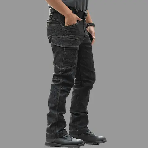 Jeans Cargo da combattimento primaverili da uomo pantaloni lunghi solidi tattici pantaloni Casual da motociclista in Denim da moto pantaloni elasticizzati Multi tasche