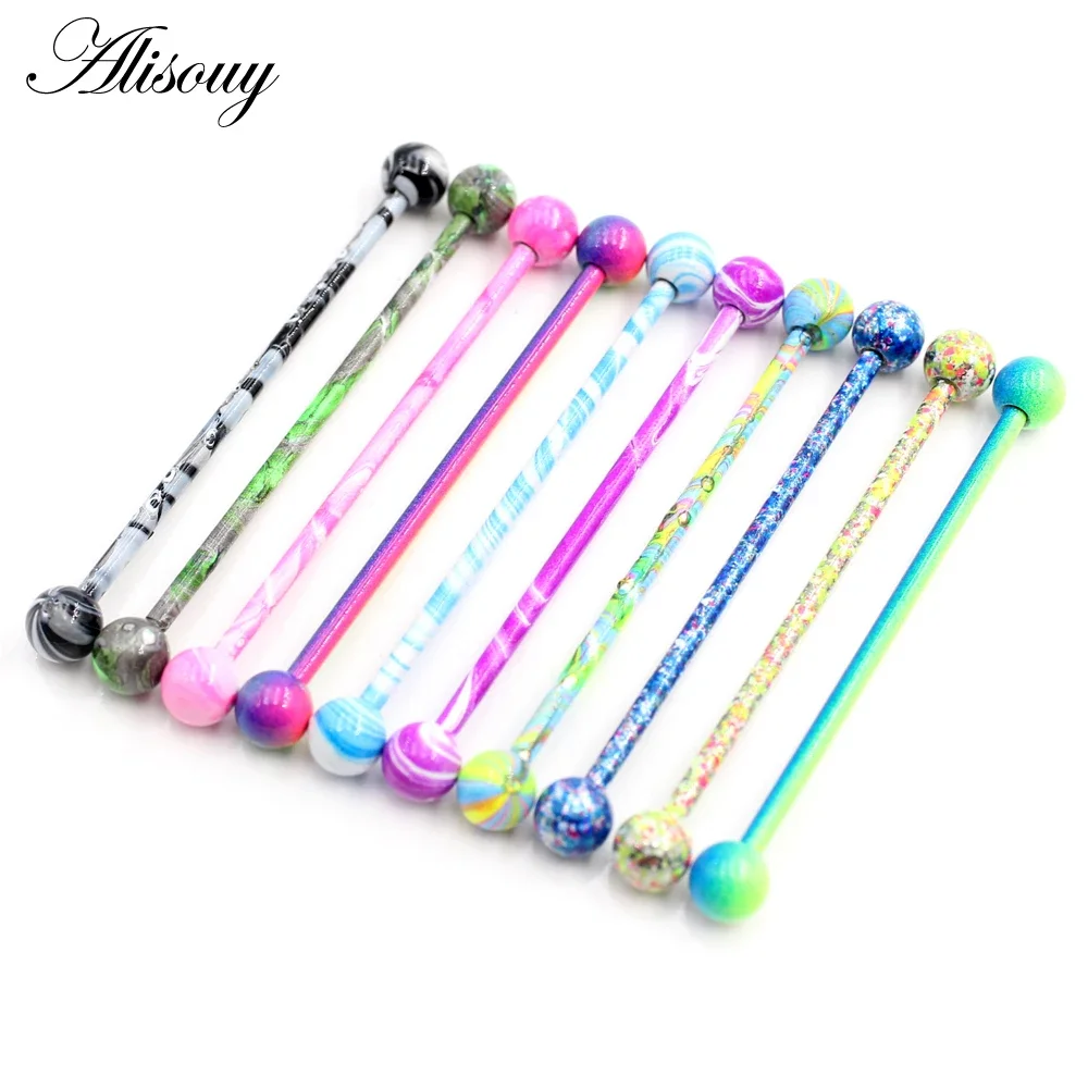 Alisouy 2PC Long Straight Stainless Steel Ball Earring Piercing Industrial Barbell Bar Scaffold Ear Cartilage Helix Jewelry