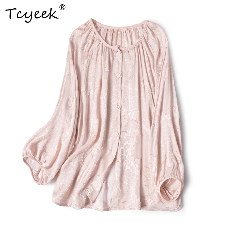 

Tcyeek Real 100% Mulberry Silk Spring Summer Round Neck Solid Color Straight Tube Shoulder Sleeves Women's Shirts חולצותנשים