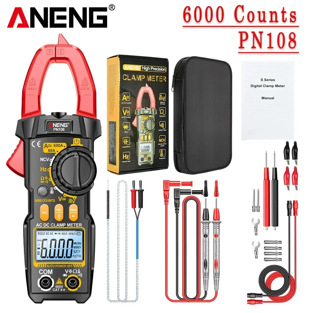 ANENG PN108 Stroomtang Multimeter Hoge Precisie 6000 Counts AC/DC Spanningstester 600A Stroom Weerstand Capaciteit Test Tool