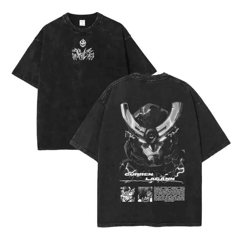Gurren Lagann Oversized Washed T-Shirt | Heavyweight 230gsm Cotton | Kamina, Simon & Mecha Drill Core Graphic | Retro Y2K Anime