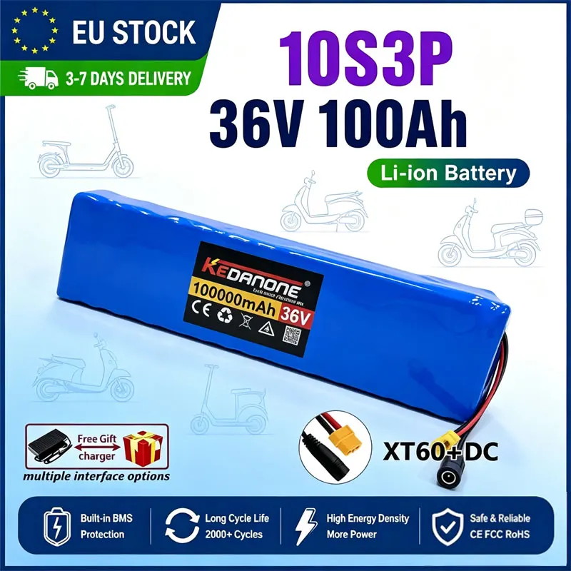 10S3P 36V 100Ah 18650 Wiederaufladbarer Lithium-Akku 500W Leistung für Modifiziertes Fahrrad Elektroroller Fahrzeug mit BMS