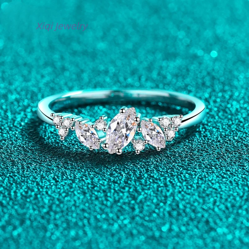 

Xiqi Jewelry 0.58cttw Marquise Cut Weed Moissanite Ring Women's Double Halo High Quality 925 Sterling Silver Half Eternity Ring
