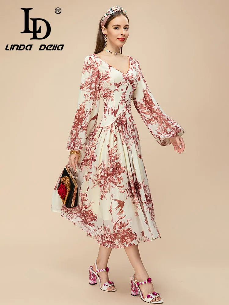 Imagem -03 - Linda Della-vestido Vintage para Mulheres Vestido Longo com Decote em v e Beading Estampa de Cintura Alta Novo Estilo 2023 ld