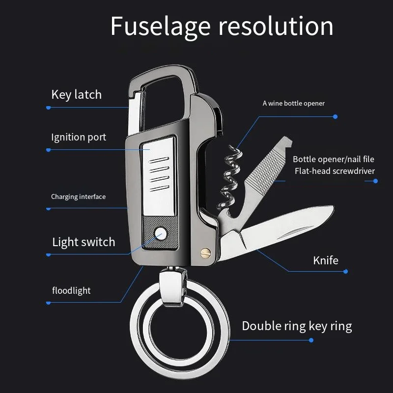 Key Chain Multi-Functional Flashlight Electronic Tungsten Metal Windproof Lighter USB Rechargeable Cigarette Lighter Men\'s Gift