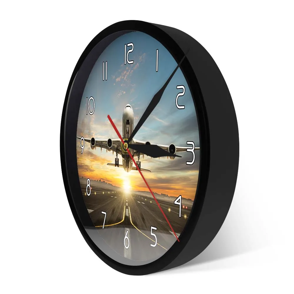 Airplane Takeoff Sunset Wall Clock for Pilot Man Cave Modern Design Aviation Home Decor Commercial Jetliner Runway Wall Clock