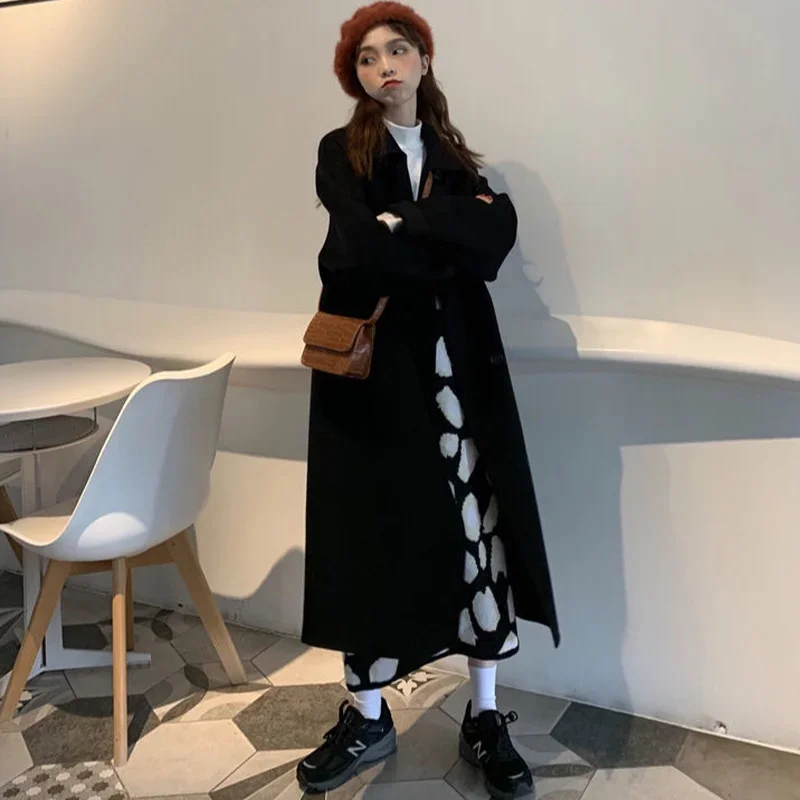 Lange Blends Vrouwen Effen Losse Ulzzang Outwear Warme Winter Zoete College Vrijetijdsjassen Retro Mode Tedere Dubbele Rij Knopen