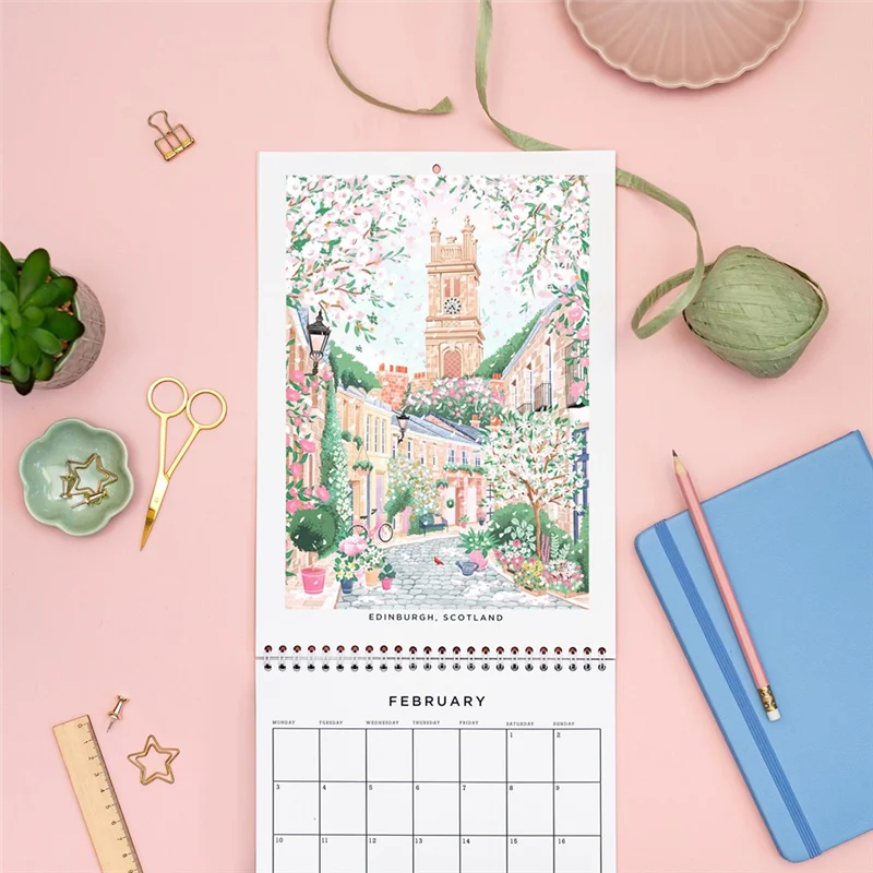 تقويم EDT-2025، تقويم حائط للسفر، مخطط شهري، تقويم حائط، ديكور حائط، قرطاسية، هدية لها، قلب كوخ