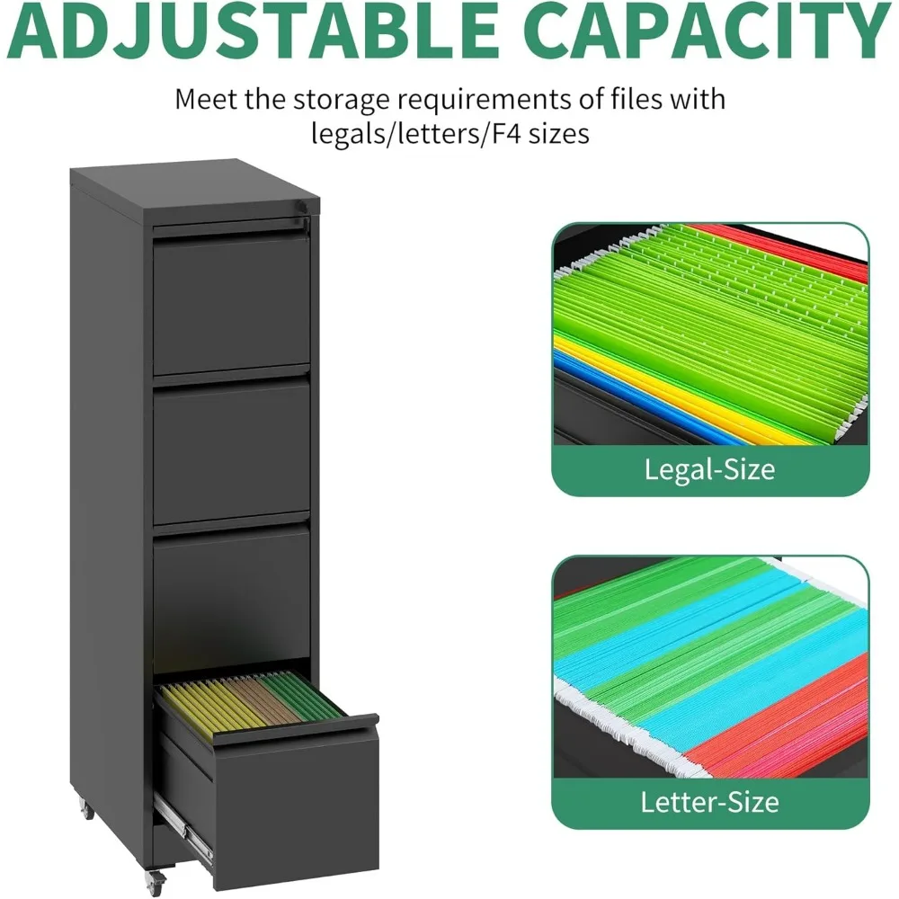 خزانة ملفات معدنية للمكتب المنزلي مع قفل، وحدة تخزين متنقلة بأربعة أدراج لتنظيم ملفات الرسائل/القانونية/A4 تحت المكتب