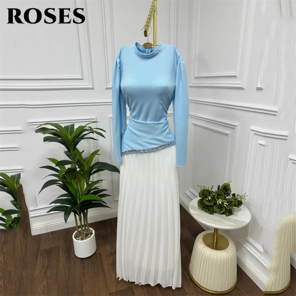 

ROSES Light Blue Party Dress High Neck Evening Dress with Pleated White Skirt and Crystal Embellishments Prom Gown Customized