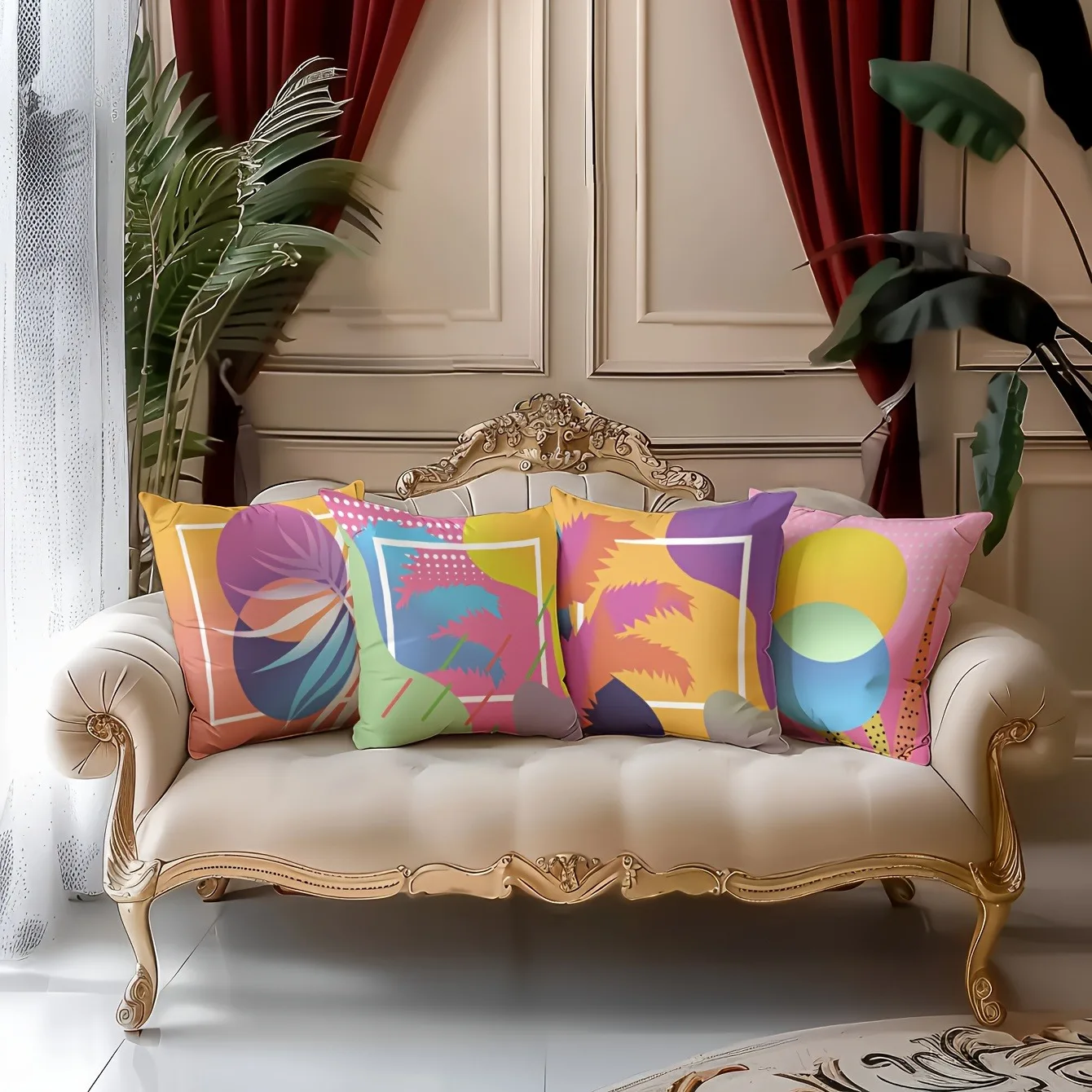 

Набор наволочек в стиле ретро в стиле поп-арт, декоративный чехол с яркими тропическими листьями и геометрическим узором для домашнего дивана, спальни