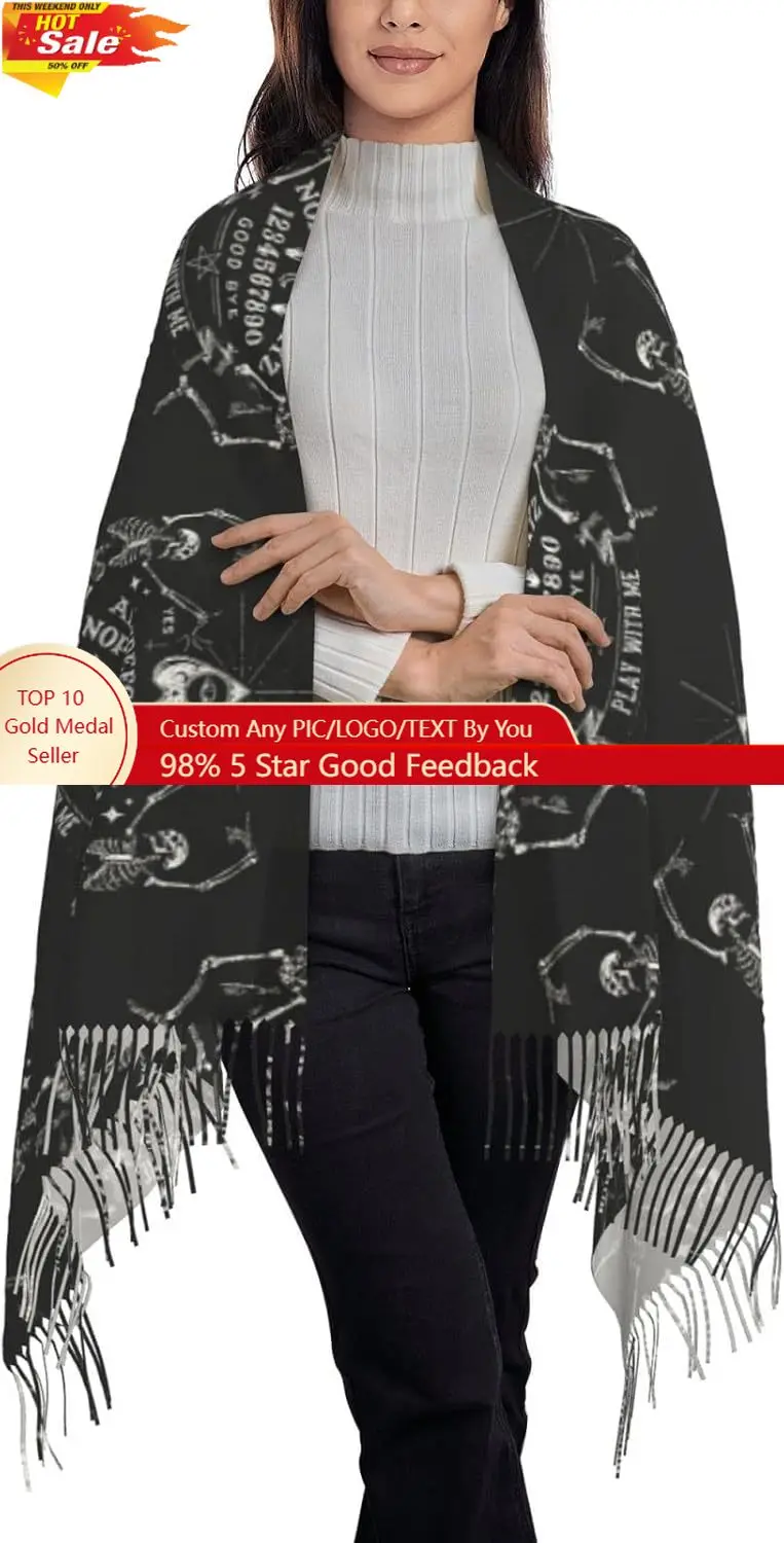 

Vintage Skeleton Magic Ouija Black Pattern Scarf Long Shawl Wraps Pashmina for Women Girls with Tassels Soft Warm Cozy