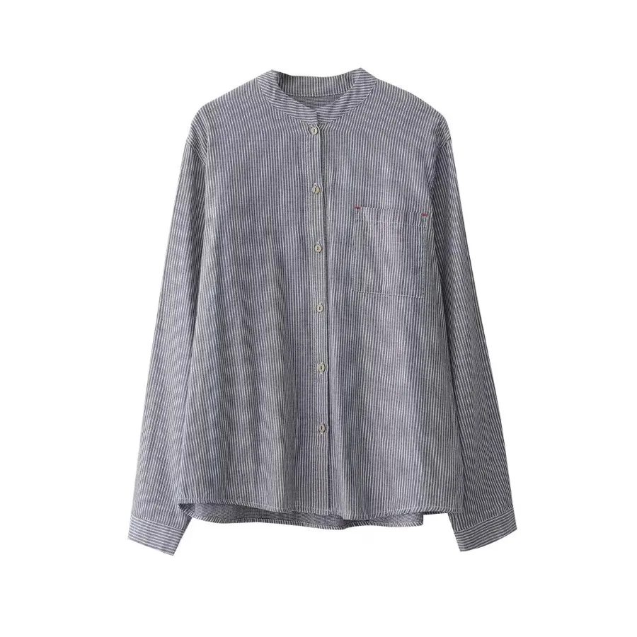 

Women's Cotton irt Long Sve Stand Collar Double Layer Stripe Simple Artistic Fre Sle Spring Autumn White Casual Loos...