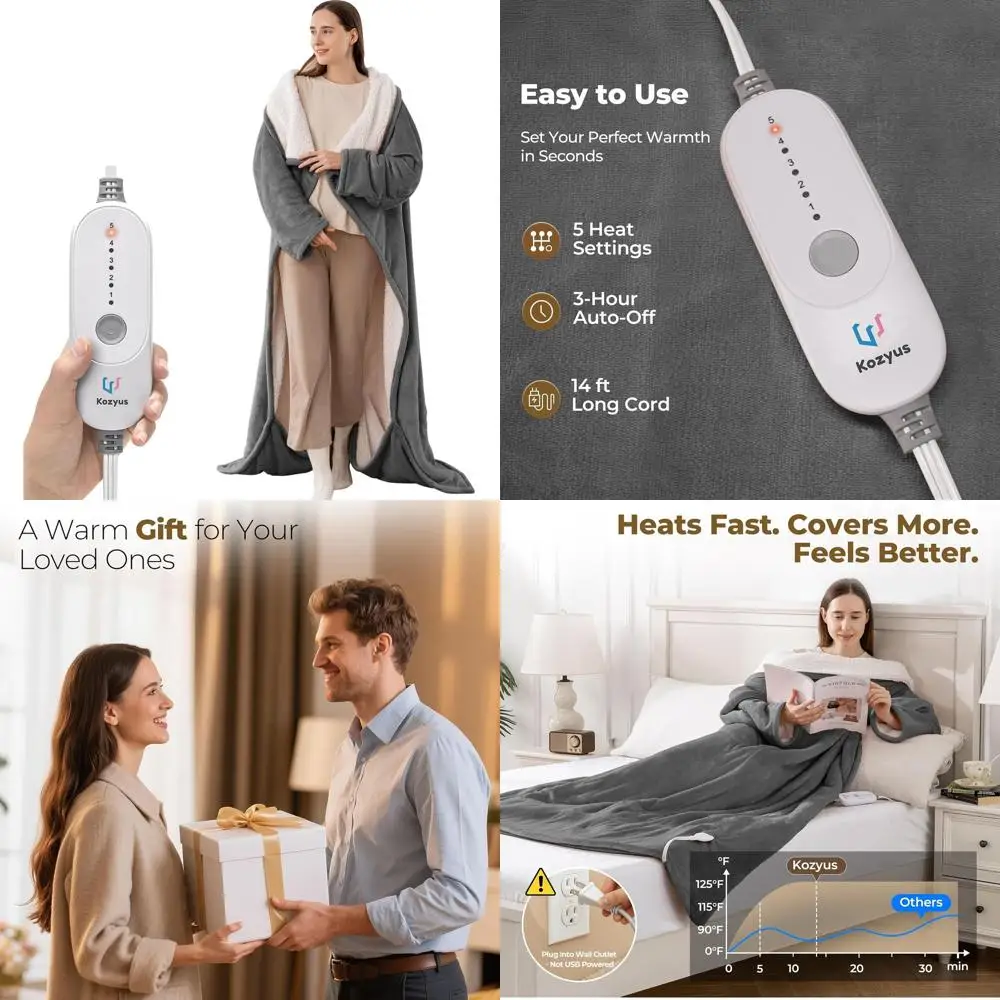 

Heated Blanket with Foot and Sleeve Pockets, 5-Level Electric Robe, Auto-Off, Washable, 50x70 Light Grey