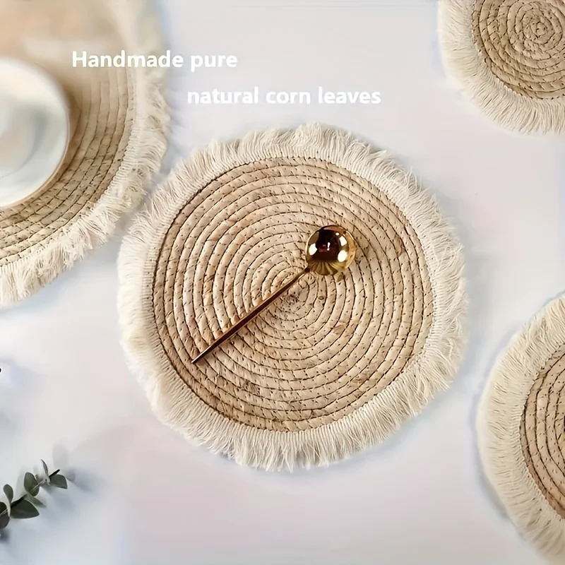 1 Heat-Insulating Placemat, Modern Minimalist Woven Straw Table Mat, Thickened Heat-Resistant Table Mat with Tassel Edges