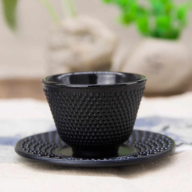 

Vintage Cast Iron Tea Cup Set， Hand Forged Rust-Resistant Teacup with Solid Iron Coaster, Traditional Tea Ceremony Accessories