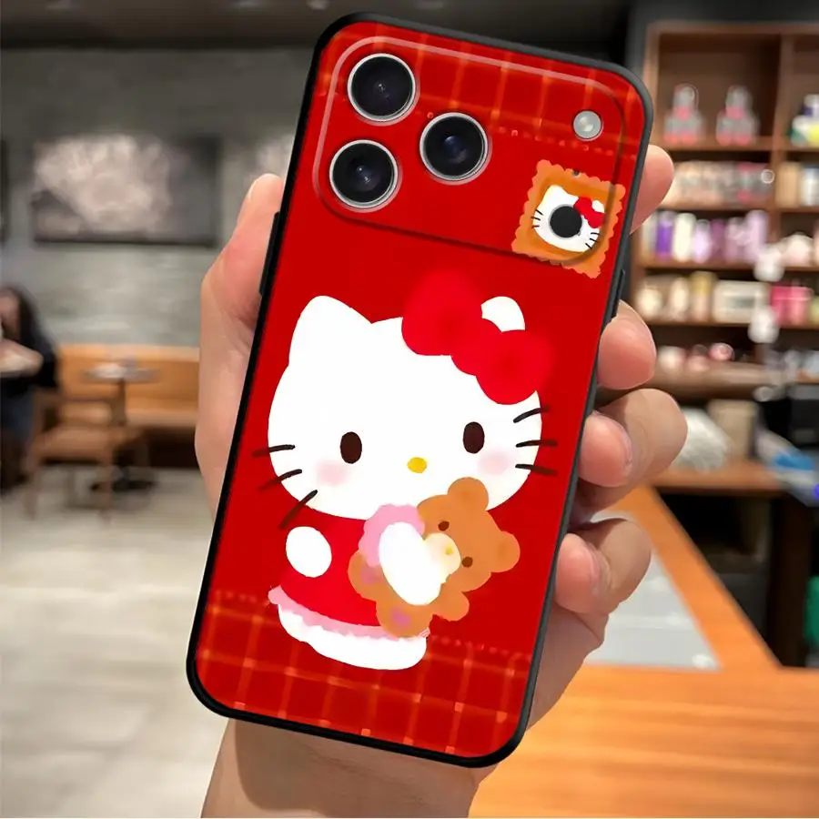 かわいいハローキティ新年ブラックソフトフォンカバーケース iPhone 13 12 11 17 Pro Max XR XS Max 15 16 14 Plus 7 8 17Air対応