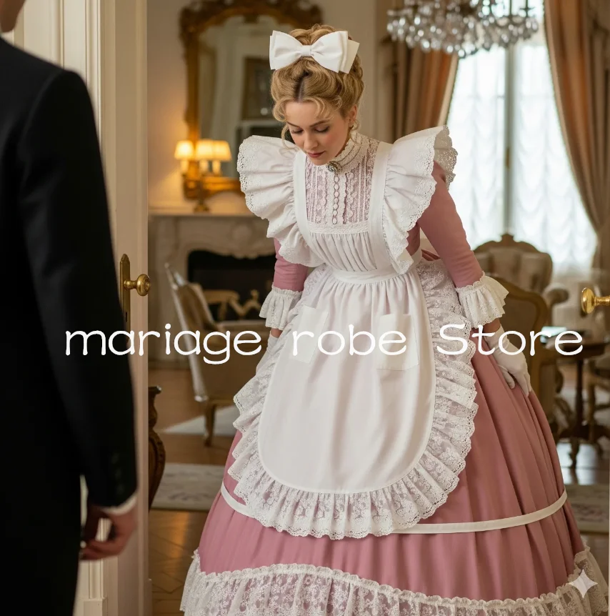 زي خادمة فيكتورية مكشكشة فساتين سهرة كرتسيز أبيض وردي كوسبلاي مريلة تاريخ لوليتا للحفلات الراقصة مخصصة