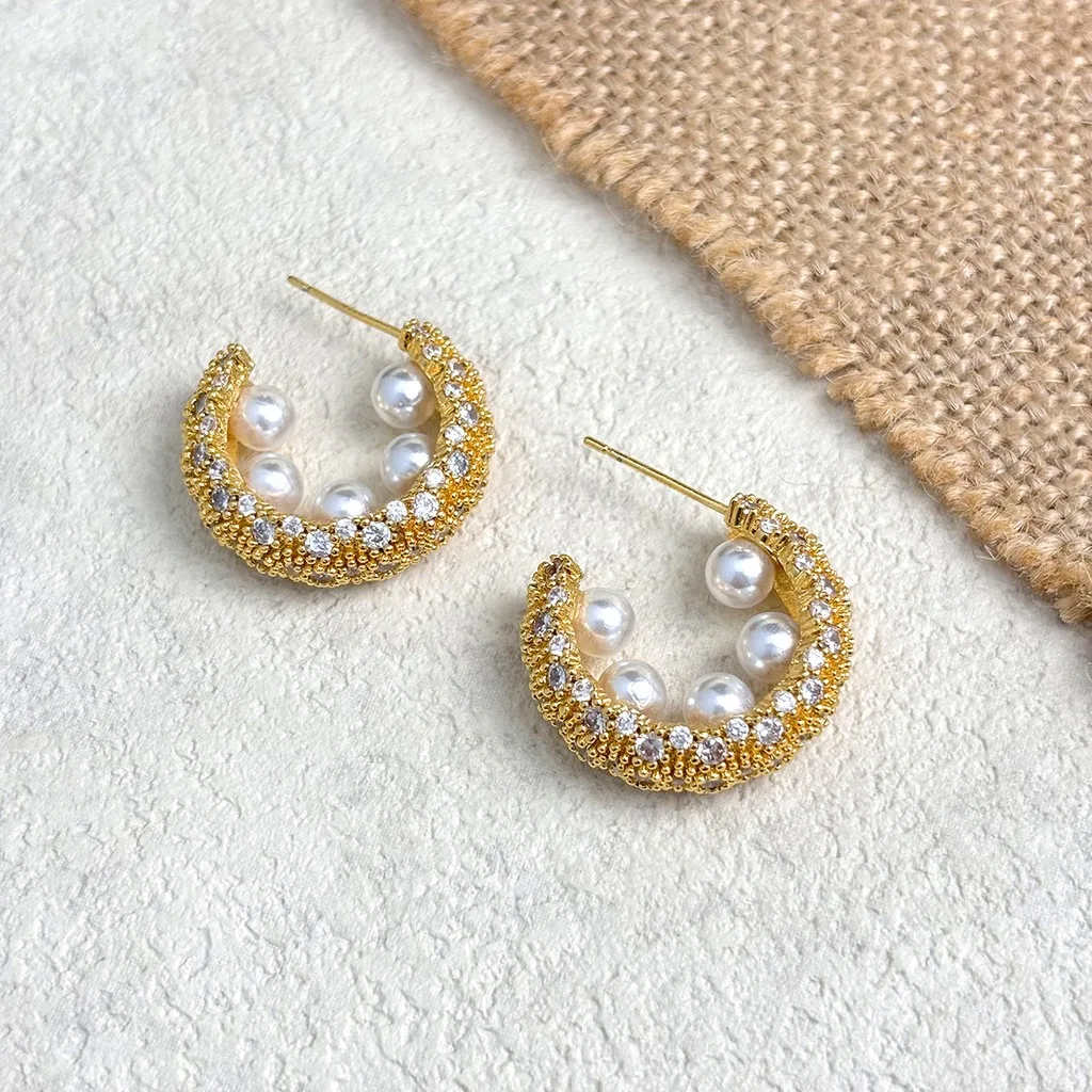 Inlaid Pearl Earrings Inlaid Cubic Zirconia Earrings 925 Silver Post Earrings 18k Gold Plated For Office Work Business Casual