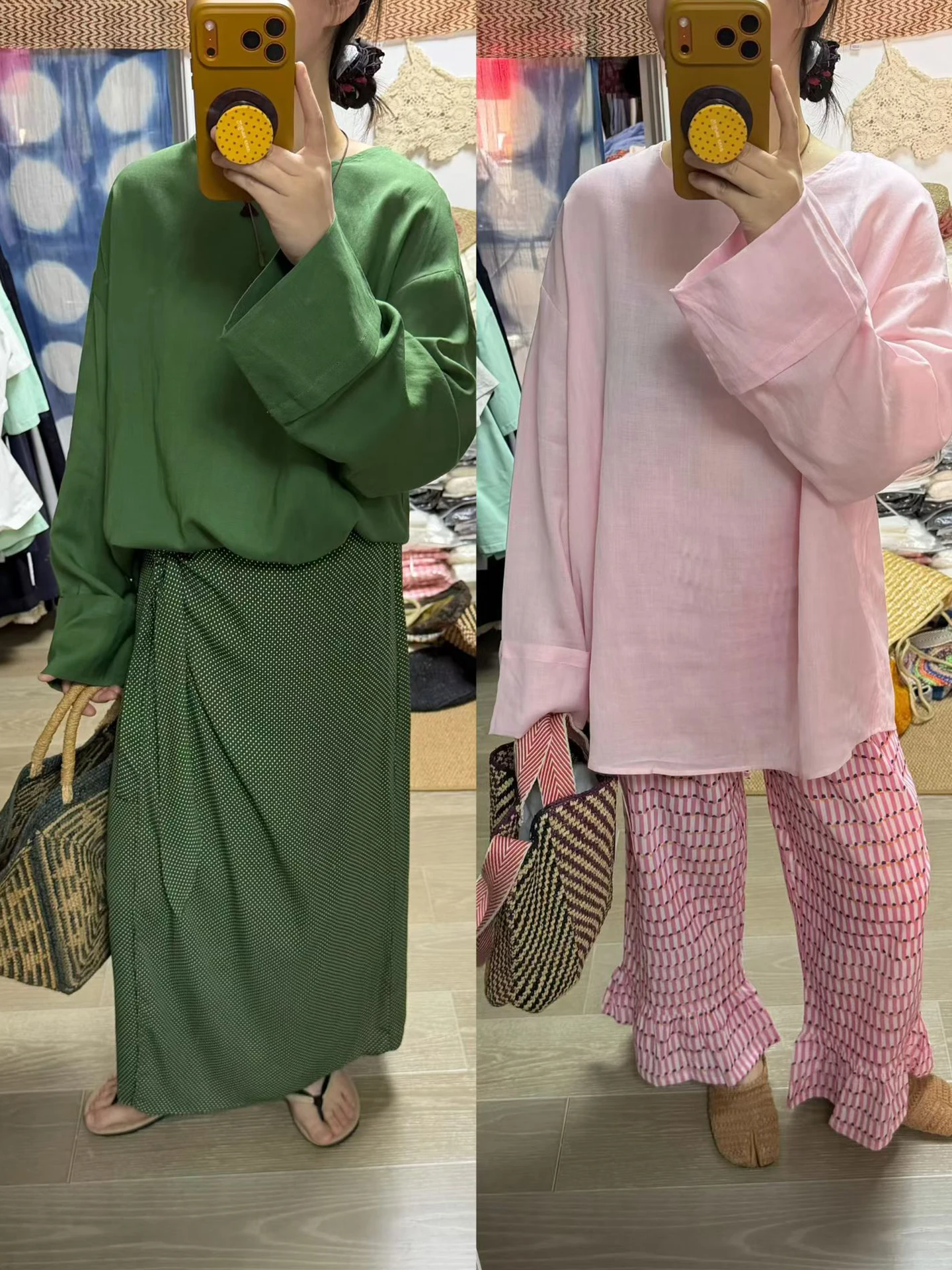 

Summer Vintage Loose round Neck Long Sleeve Shirt Thin Micro plus Size Women's Fashion Casual Comfortable Green Pink Top