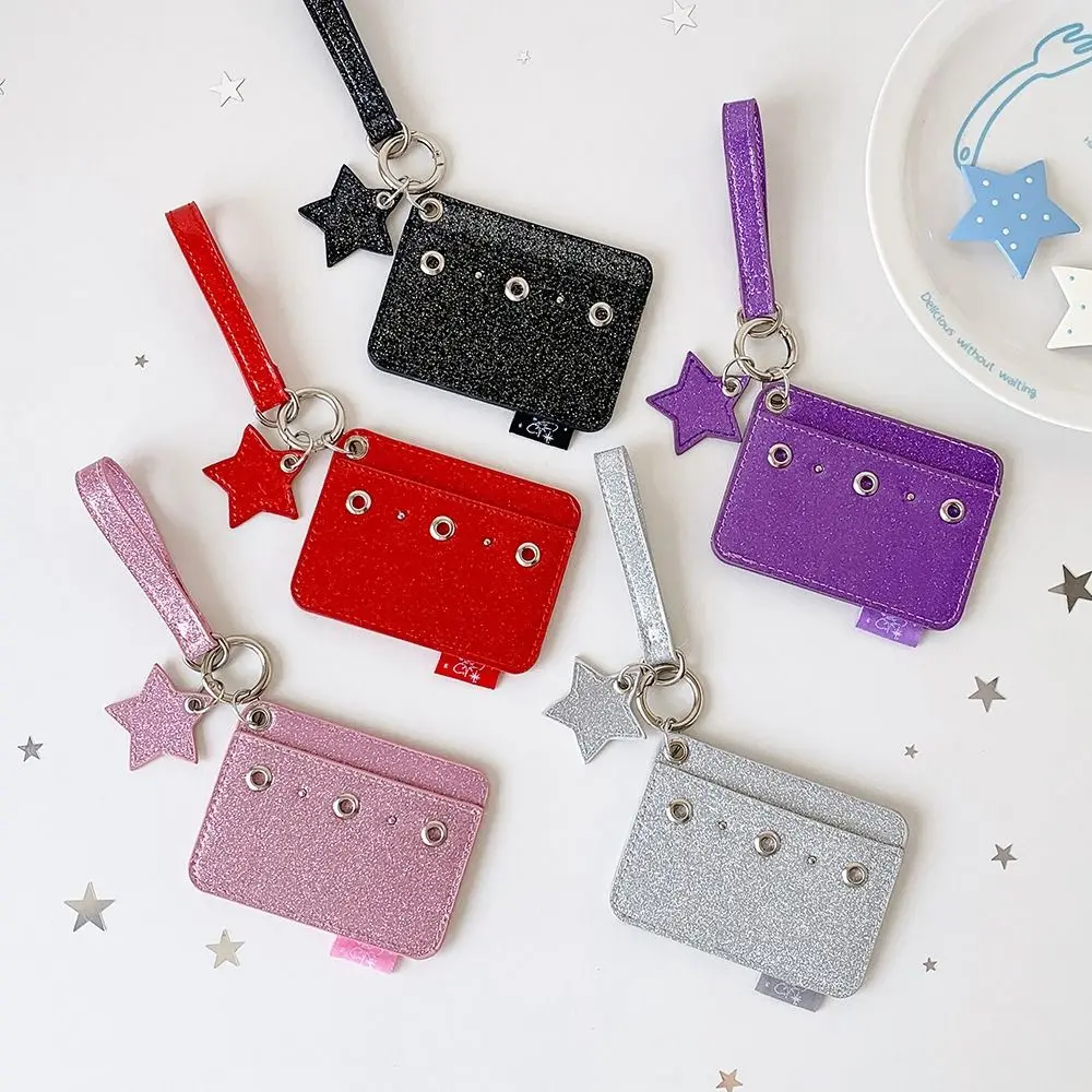 Glitter PU Photocard Holder with Wrist Strap Double Layer Card Sleeve Waterproof Shiny Star Charm Photocard Display Sleeve Idol