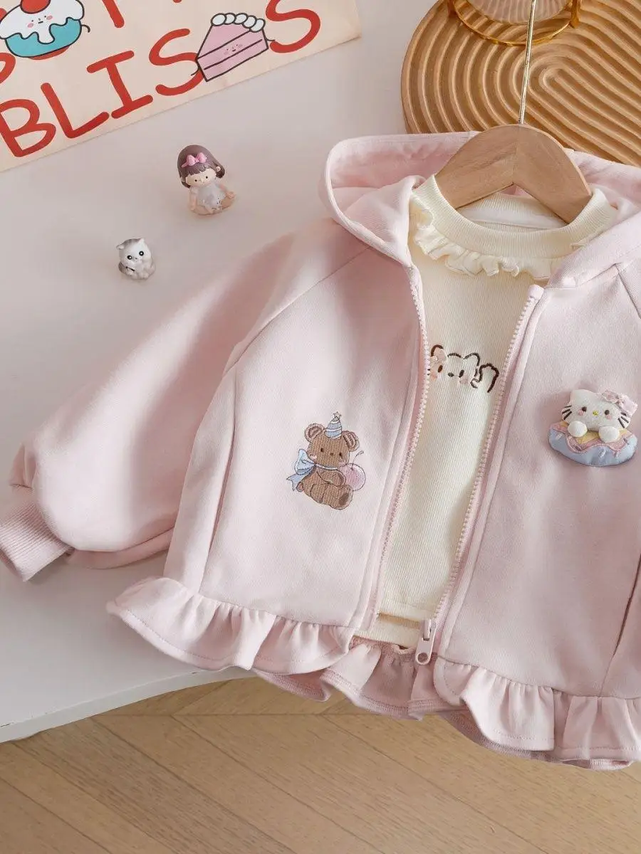 

Модный корейский Sle Girls Jaet, осенний сезон, кардиган на молнии с капюшоном и вышивкой из мультфильма, хлопковое повседневное модное женское пальто