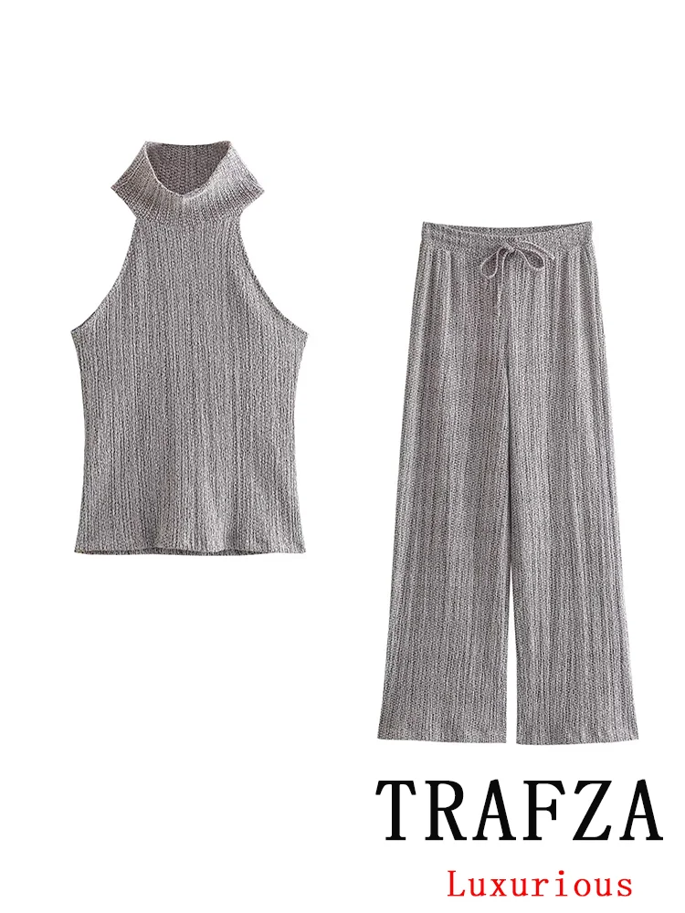 TRAFZA Vintage Casual Chic Women Solid Suit Halter Sleeveless Top Loose Lace-up Long Pants New Fashion 2024 Spring Summer Sets