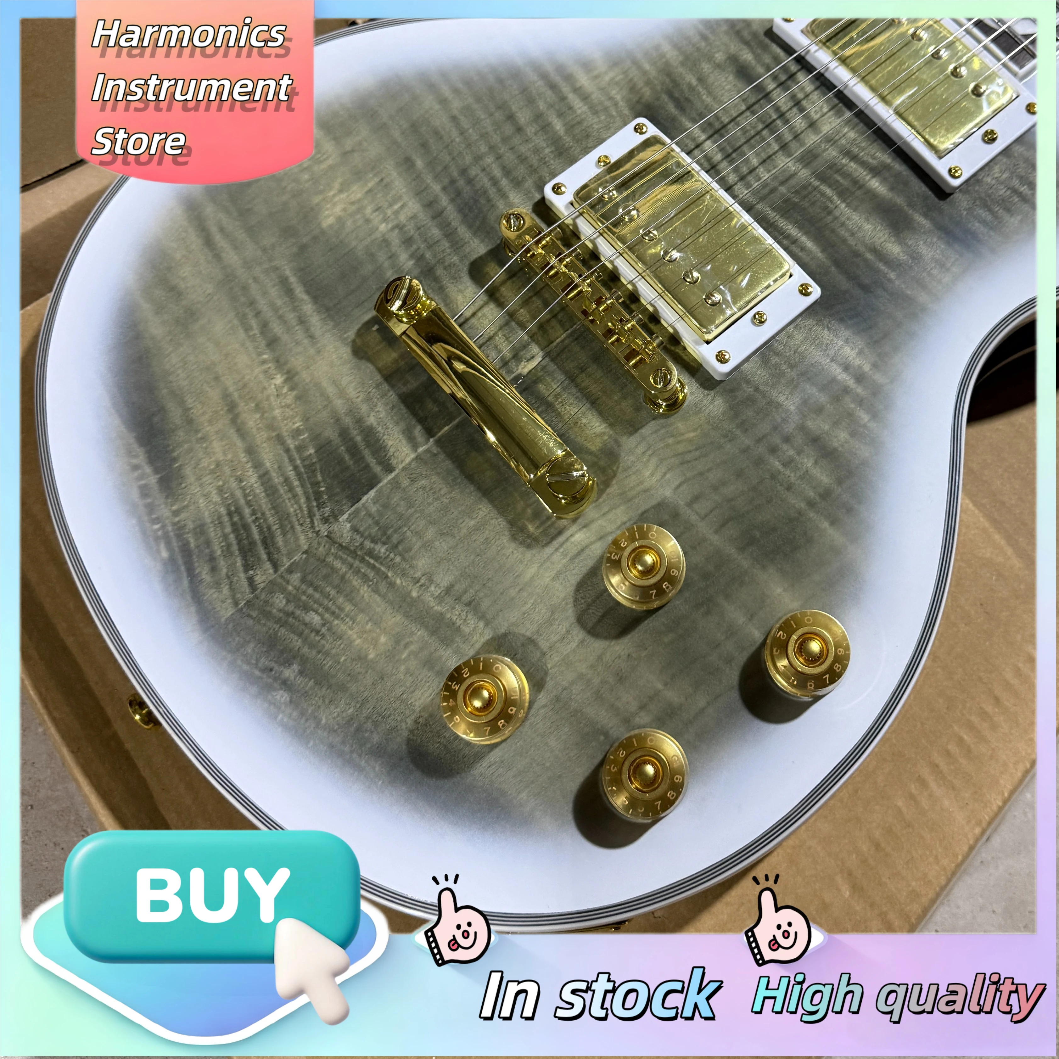 LPQ Style Electric Guitar HH Pickups Tiger White Gold Pattern Fretboard Fixed Bridge Thrash Metal Collector Musical Instrument