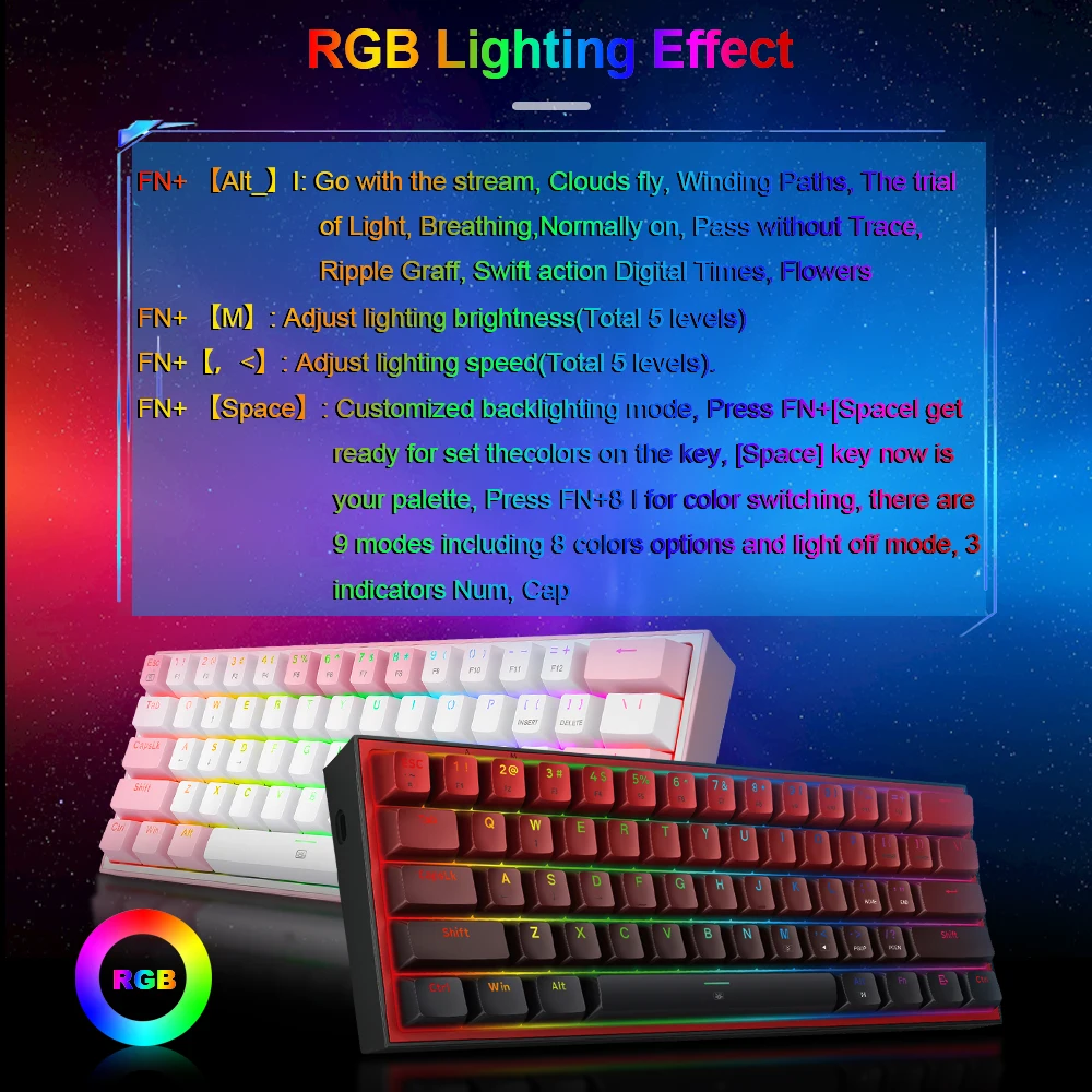 RedragonフィズK617 rgb usbミニ機械式ゲーミングキーボードレッドスイッチ61キー有線着脱式ケーブル、旅行のためのポータブル