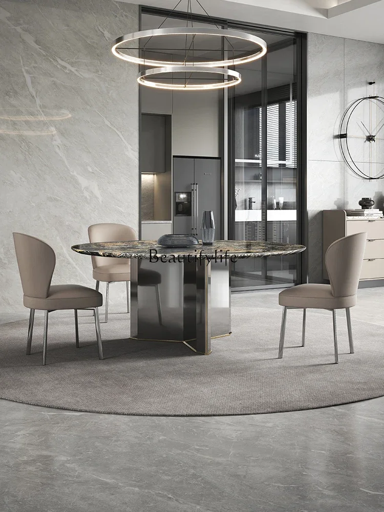 

yj5Natural Marble round Table Turntable Light Luxury High-End Villa Luxury Stone Dining Table