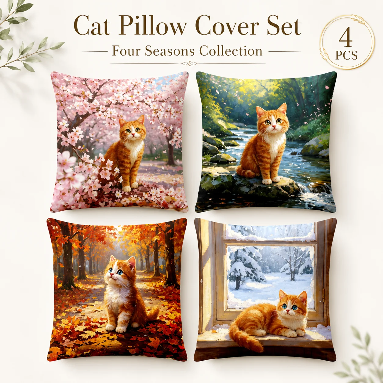 

4 Pcs Cute Cat Cushion Covers 2D Flat Printed Peach Skin Coussin Room Decor Four Seasons Pet Pillowcase Set For Kids Room Sofa