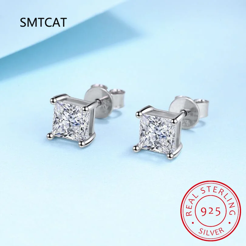 Real 1 Carat Princess Cut Moissanite Diamond Stud Earrings for Women Party Fine Jewelry 100% S925 Sterling Silver Earring