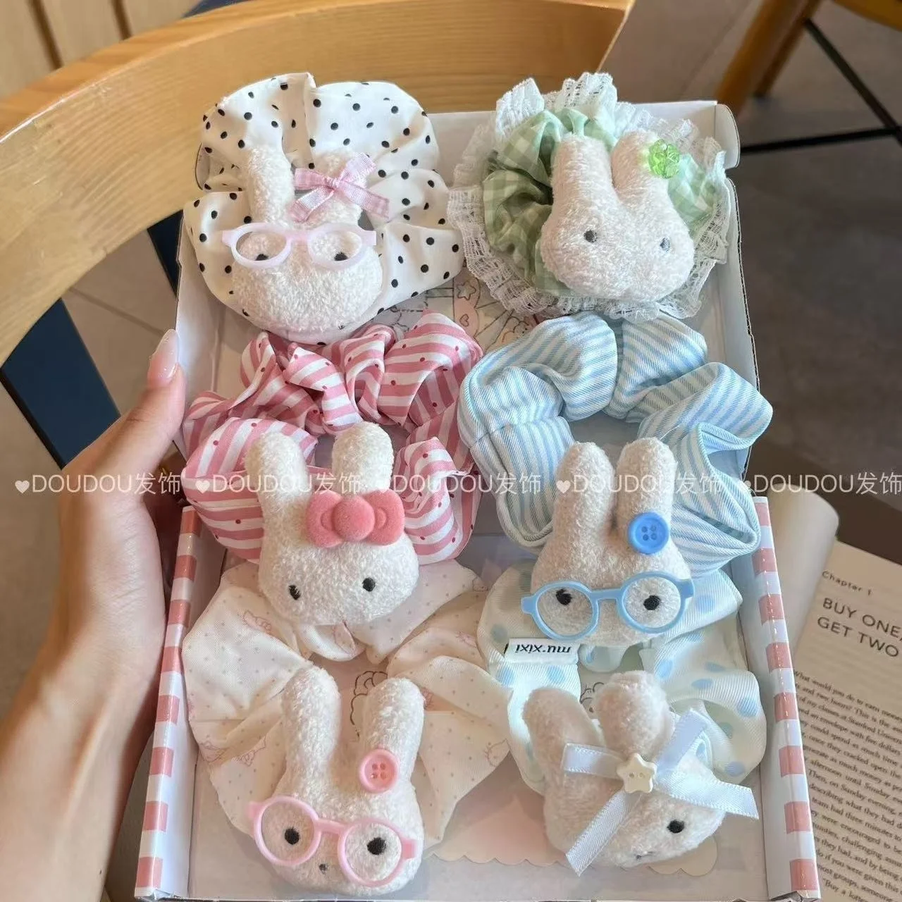 Cute White Rabbit Fabric Scrunchies Sweet Girl Hair Elastic Trendy Ponytail Bun Headwear Matching Christmas Present For Bestie view 2
