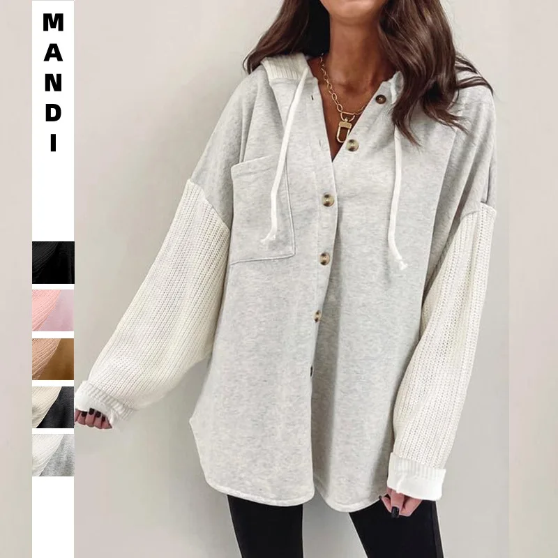 2025Autumn and Winter New European and American Women's Clothing Sweater Stitching Hooded Sweatshirt Casual Jacket Women