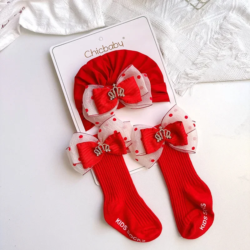 

2PCS/Set Red Bow Baby Turban Caps Socks Cute Dot Princess Girl Headband Cotton Long Socks Kids Elastic Hair Bands New Year Gifts