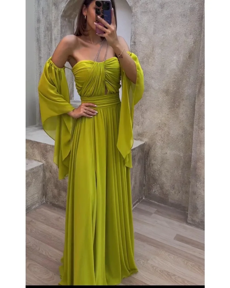 Mikydely Autumn New Sexy Strapless Irregular Slit Dress Solid Color Off-the-shoulder Maxi Evening Dress