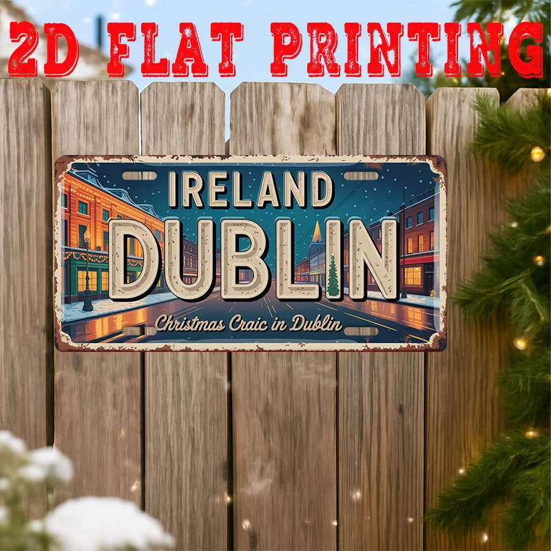 Ireland Dublin Christmas Craic 2D Flat Printing License Plate Style Metal Tin Sign, Festive Irish City Street Themed Decorative