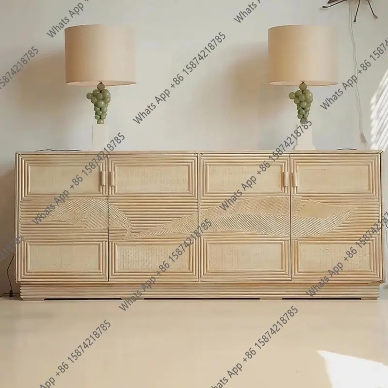 

American log color solid wood braided rattan side cabinet small apartment living room new retro storage rattan art home entrance