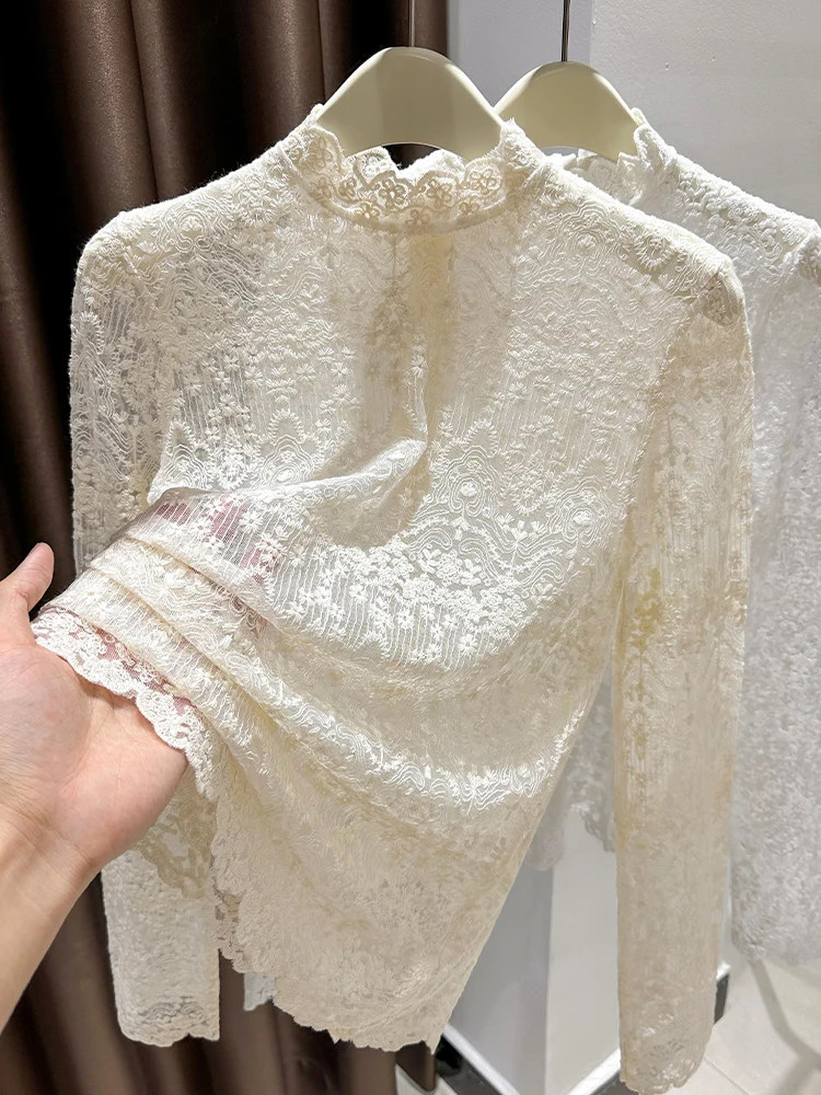

Новая женская кружевная базовая блузка с длинным рукавом и воротником-стойкой, весна-осень 2026, модная, нежная, цвета тауп, для ношения под одеждой