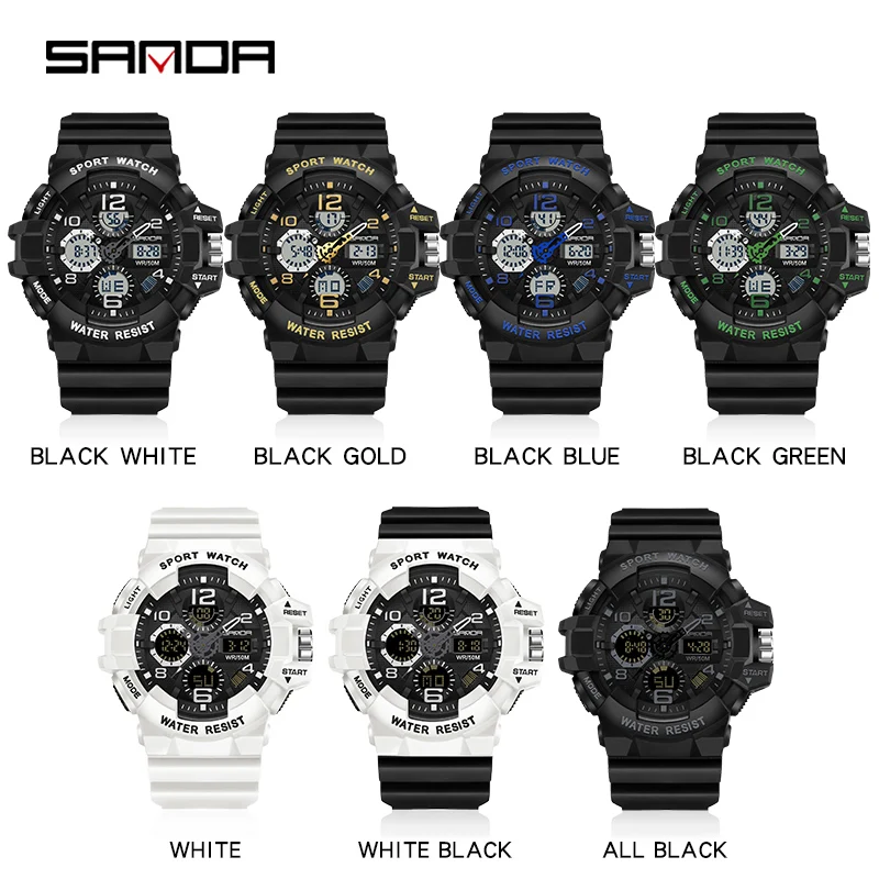 SANDA Men Military Watches G Style White Sport Watch LED Digital 50M Waterproof Watch date Male Clock Relogio Masculino 3168