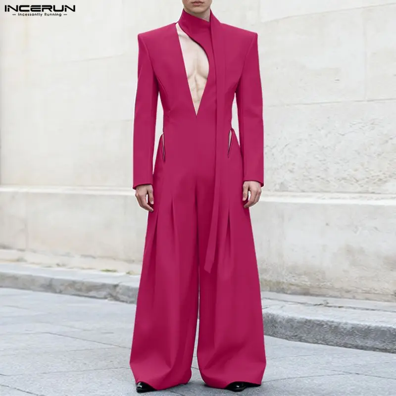 INCERUN Men Jumpsuits Solid Color V Neck Long Sleeve Hollow Out Rompers Men Streetwear Elegant Fashion Casual Overalls With Belt