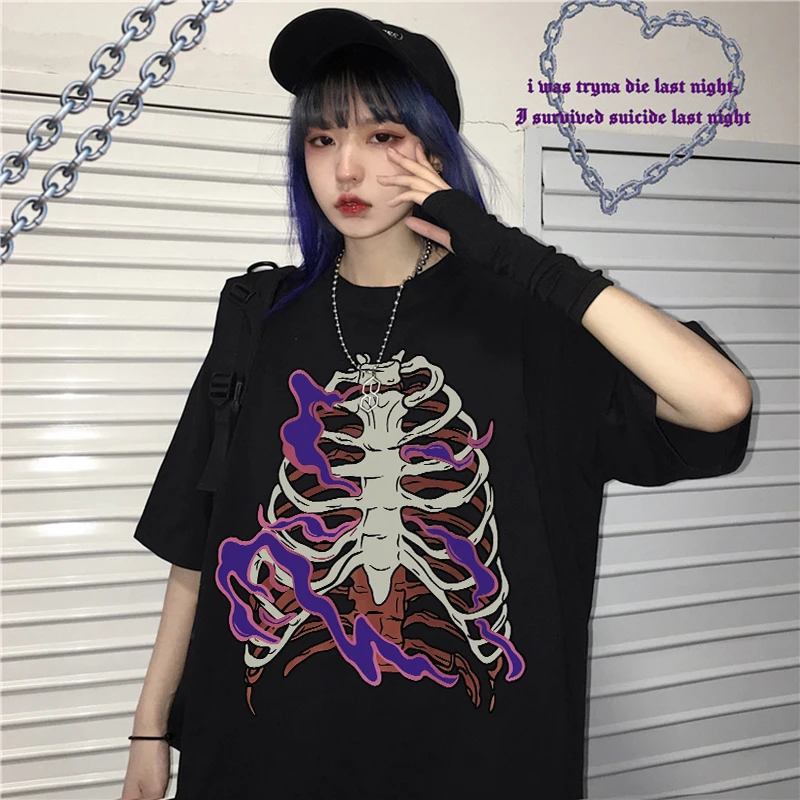 

Loose Kawaii Y2k Cartoon Harajuku Skull Tees Summer Women Clothing Tops Skeleton Print Plus Size Retro Gothic Streetwear T-Shirt