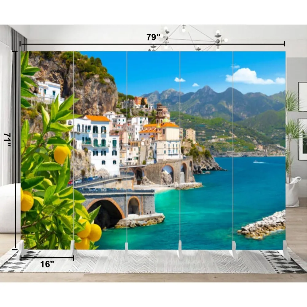 Screen Room Divider Beautiful View Mediterranean Coast Lemons Foreground Italy Canvas Screen Indoor Folding Separator