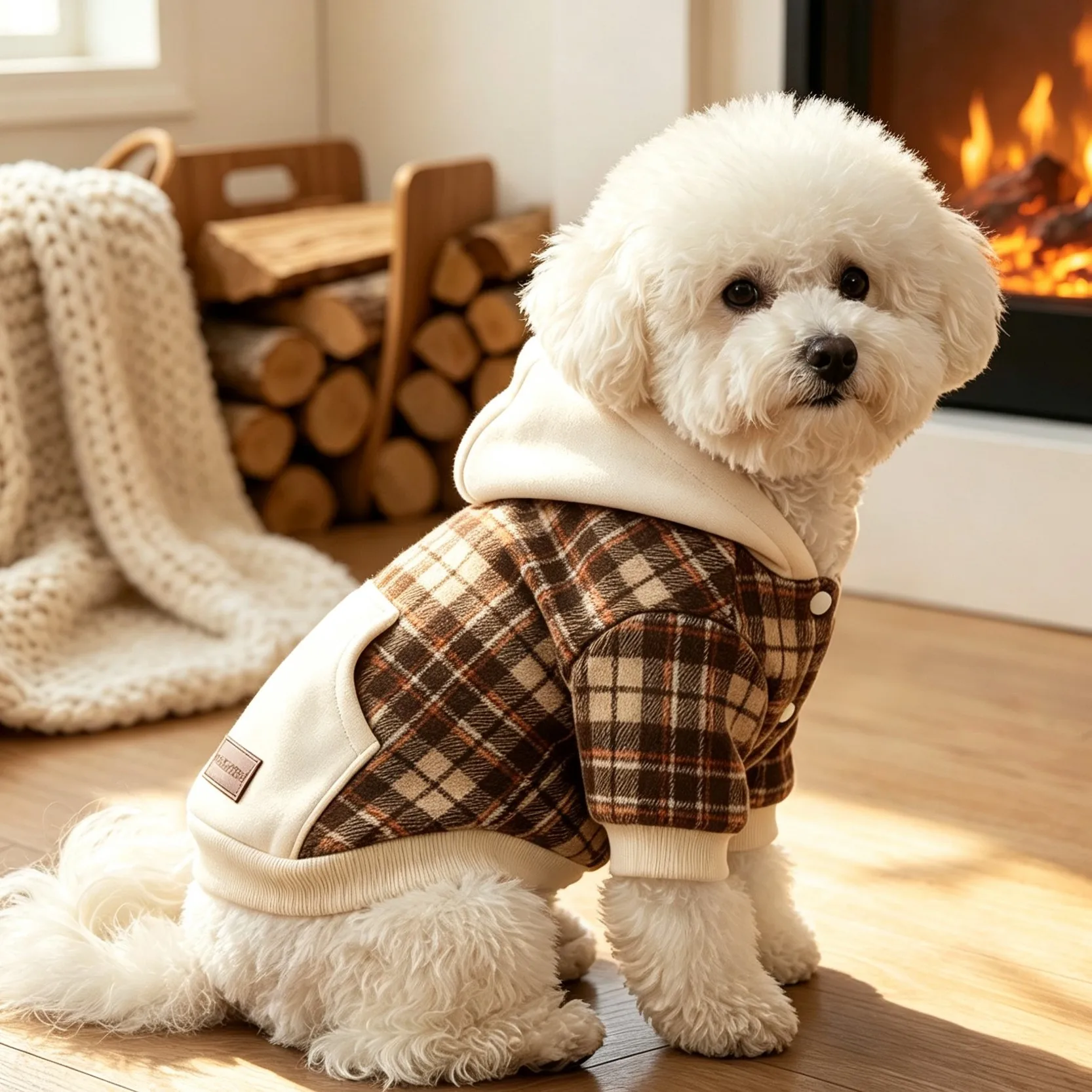 Hundejacke, Vintage-Karomuster in Braun, farblich abgesetzte Kapuze, Kragen mit Druckknöpfen und Taschen, weiche, warme Jacke. – Detail 6