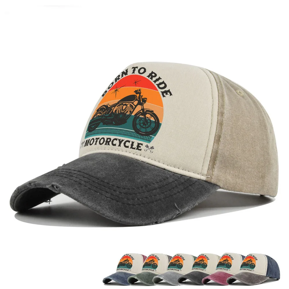Vintage Washed Cotton Baseball Cap Born To Ride Motorcycle Print Adjustable Snapback Hip Hop Dad Hat for Men Women  Sun Hat