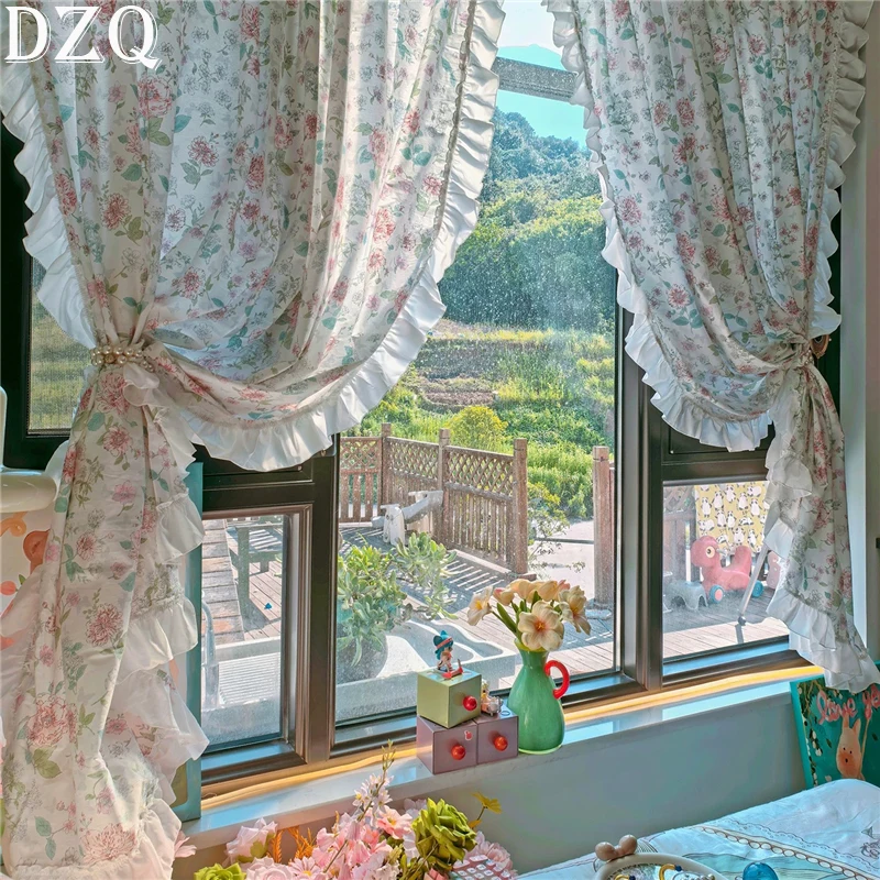 

French Idyllic Floral Ruffled Curtains for Living Room Bedroom Kitchen - American Rural Style Decorative Window Treatments #A688