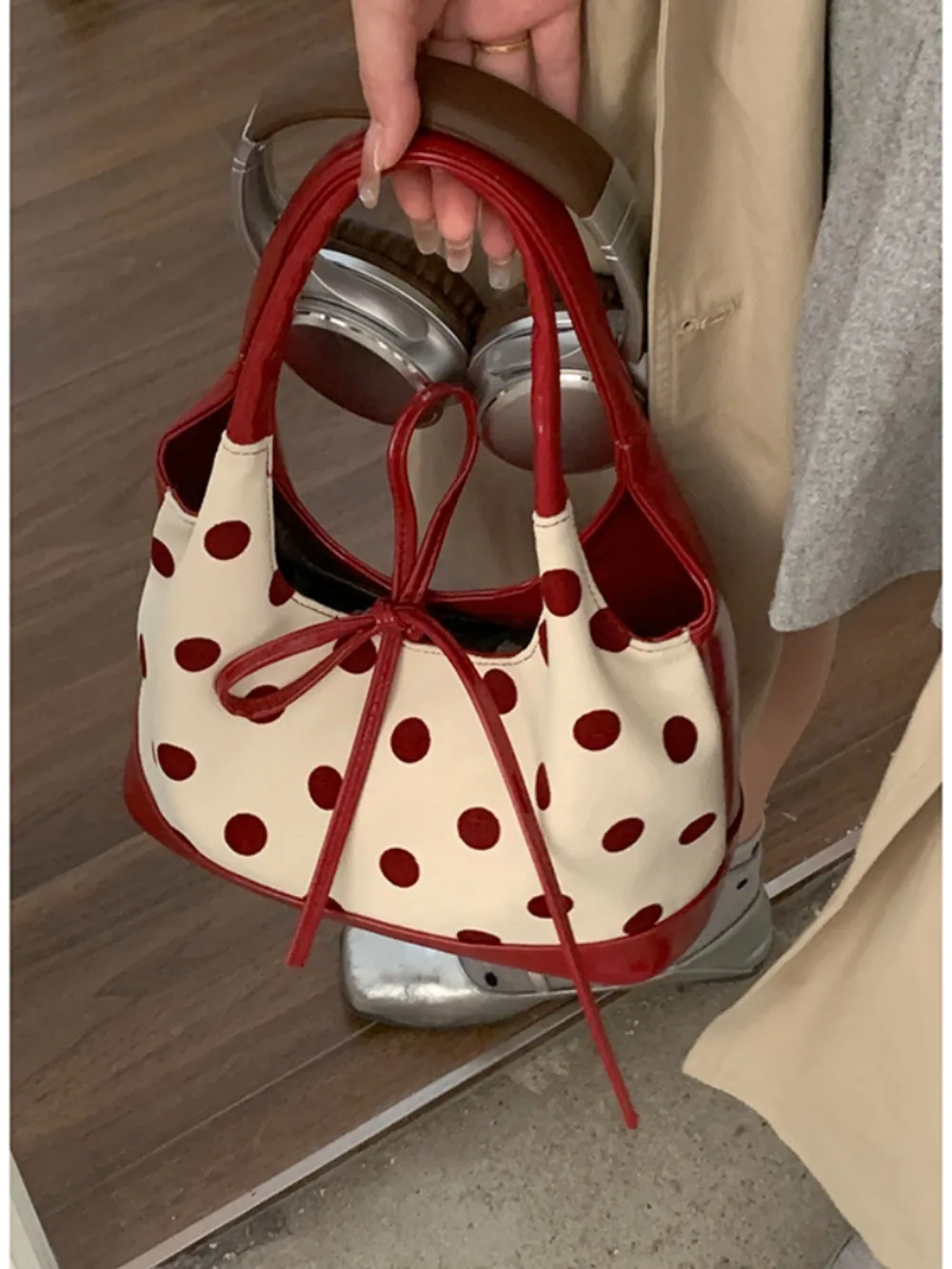 Women Totes Lovely Polka Dot Lace Up Handbags Large Capacity Korea New Canvas Exquisite Panelled Underarm Bags Shop Personalized